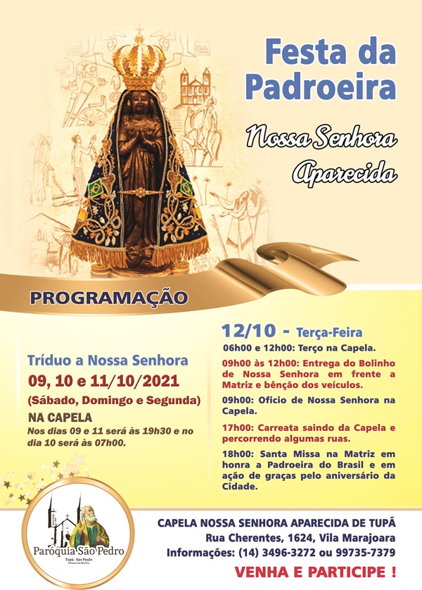 S�o Pedro Ap�stolo de Tup� divulga programa��o para o dia da Padroeira do Brasil