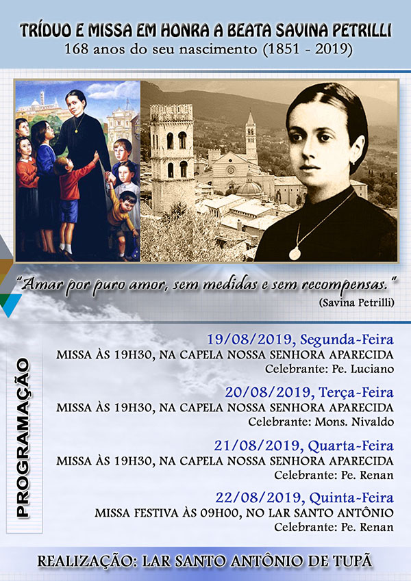 Lar Santo Antonio de Tup� realizar� tr�duo e missa festiva em honra � Bem�Aventurada Savina Petrilli