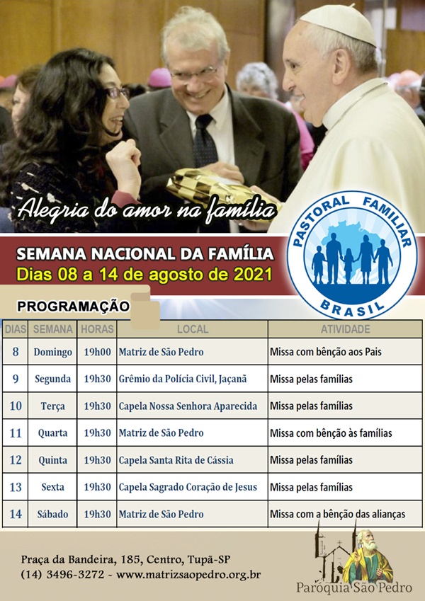 S�o Pedro de Tup� ir� celebrar Semana Nacional da Fam�lia 2021