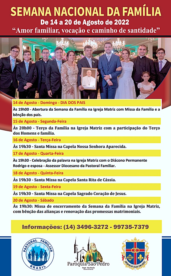 S�o Pedro de Tup� ir� celebrar Semana Nacional da Fam�lia 2022