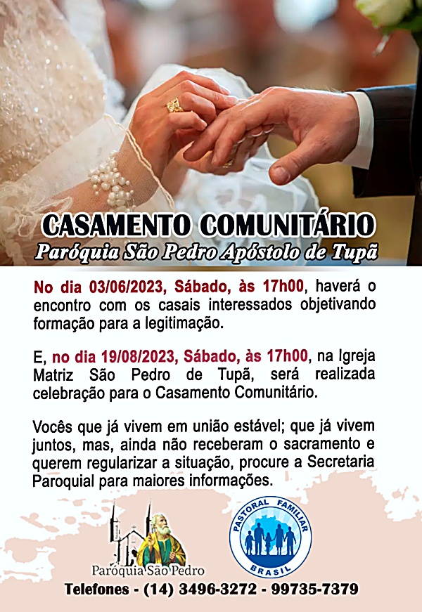 Inscri��es abertas para forma��o de legitima��o e casamento comunit�rio a casais que j� vivem juntos