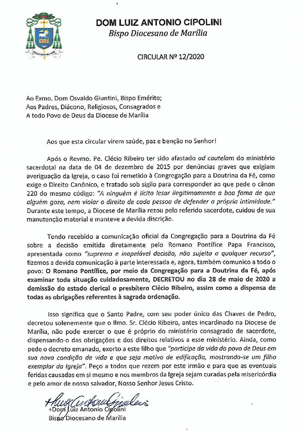Diocese de Marilia emite esclarecimentos sobre a 'demiss�o do estado clerical' de Cl�cio Ribeiro