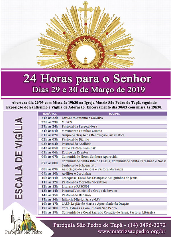 S�o Pedro de Tup� realizar� 24 Horas paras o Senhor nos dias 29 e 30/03