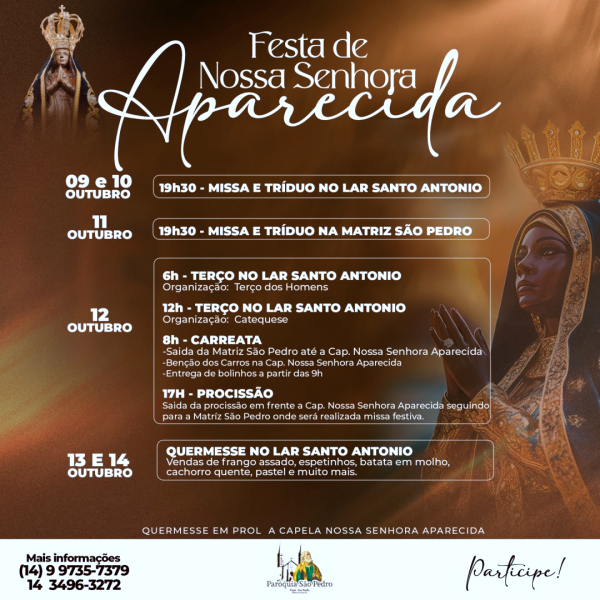 Comunidade Nossa Senhora Aparecida de Tup� divulga programa��o em comemora��o ao dia da Padroeira