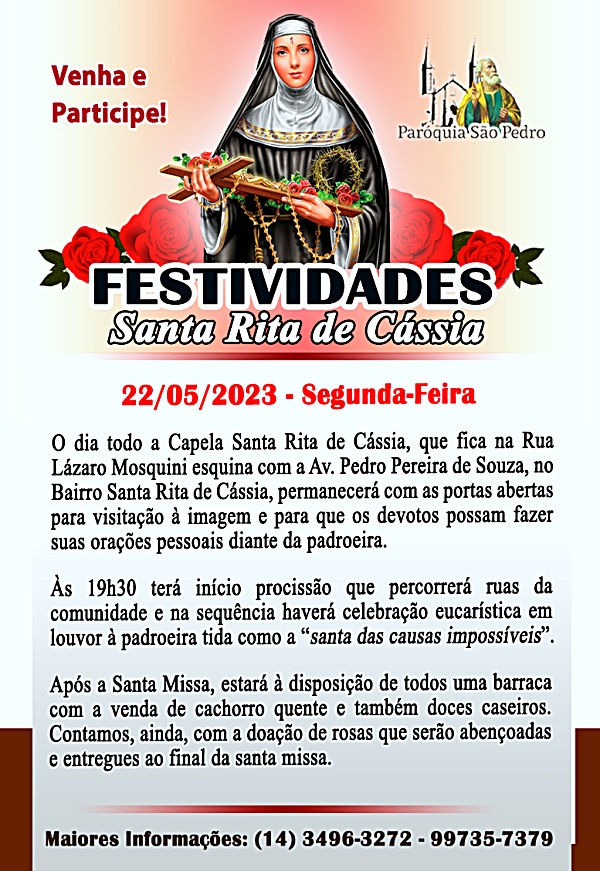 Santa Rita de C�ssia de Tup� tem programa��o definida para o dia da padroeira