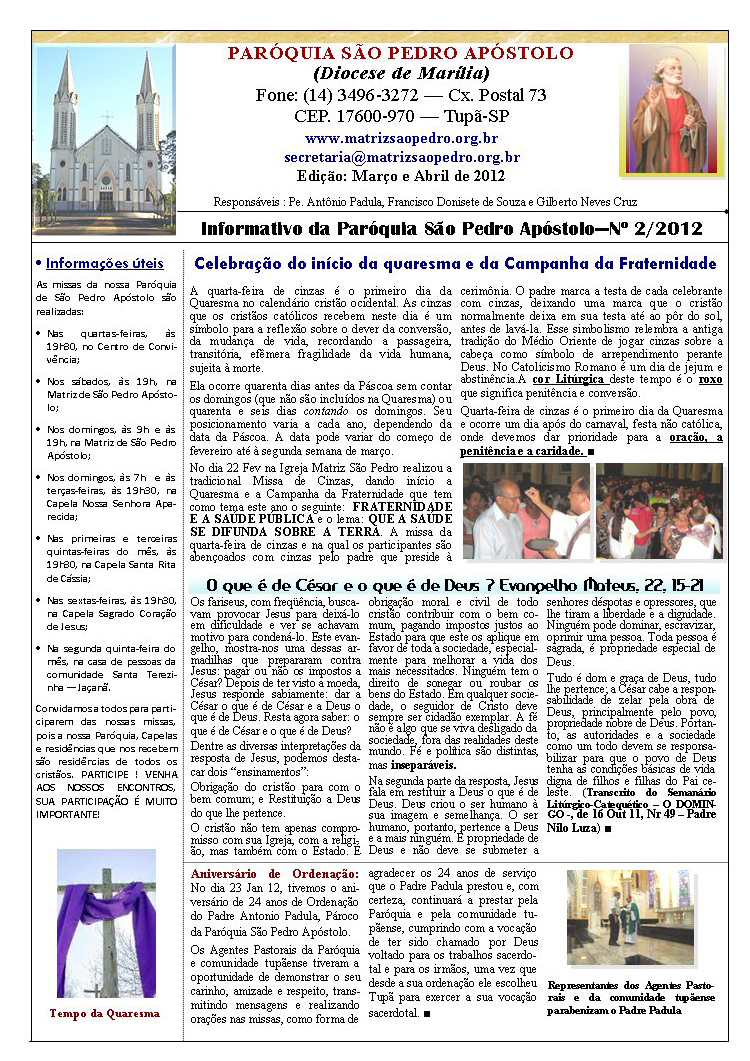 Par�quia S�o Pedro de Tup� - A servi�o do evangelho