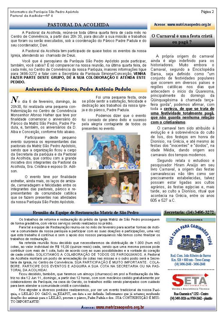 Par�quia S�o Pedro de Tup� - A servi�o do evangelho