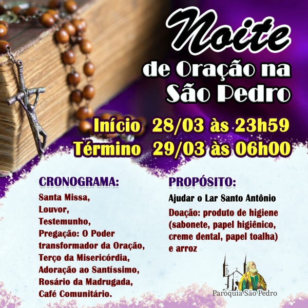 S�o Pedro de Tup� realizar� Noite de Ora��o no dia 29 de mar�o