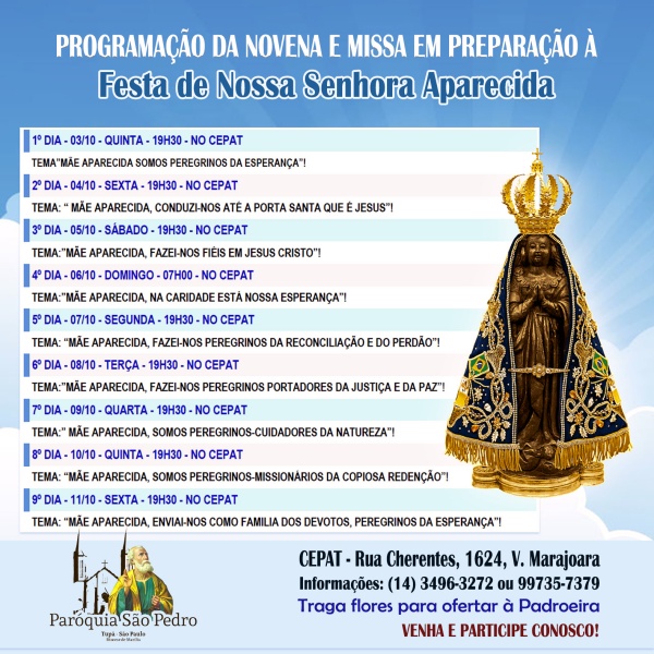 Comunidade de Nossa Senhora Aparecida de Tup� realizar� Novena e Missa em prepara��o � festa da Padroeira do Brasil