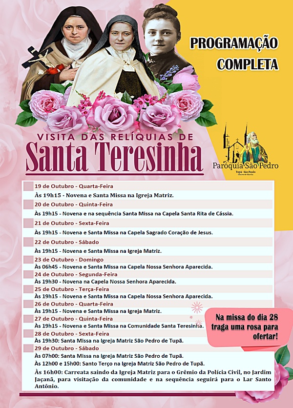 Chegada das rel�quias de Santa Teresinha tem programa��o definida na S�o Pedro de Tup�